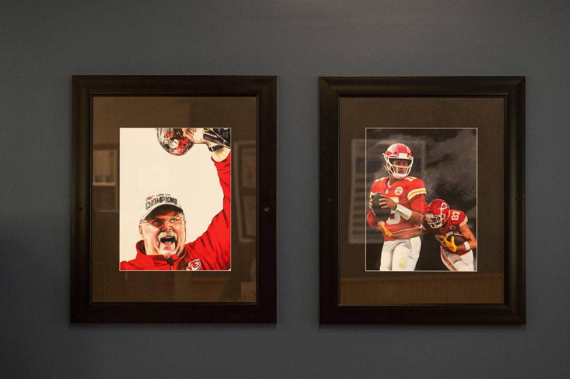 Tributes to the Kansas City Chiefs’ head coach Andy Reid and quarterback Patrick Mahomes hang on the wall at HiBoy, as do framed photos of former youth baseball teams the burger joint has sponsored over the years.