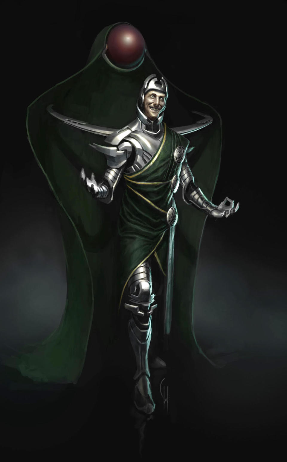 Illustration of Loki as a concept, that looks very mechanical, like he's wearing a futuristic suit of armor