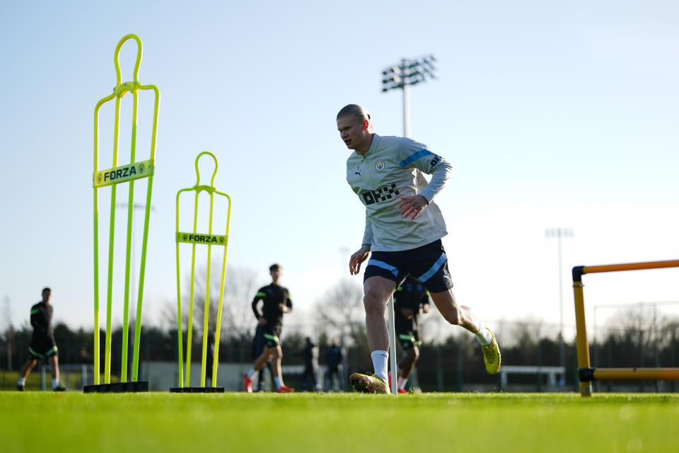 Manchester City striker Erling Haaland in training.