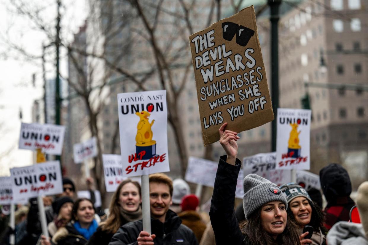 <span>Unionized staff at Condé Nast during a 24-hour walkout in front of the Condé Nast offices in New York on 23 January 2024.</span><span>Photograph: Angela Weiss/AFP via Getty Images</span>