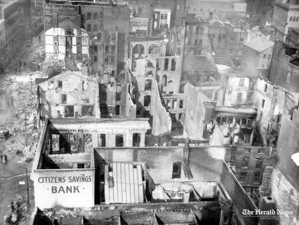 An aerial view of downtown Fall River shows the devastation left in the wake of the Great Fire of 1928.