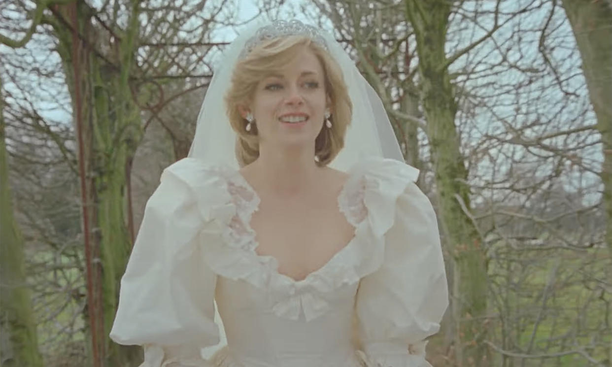 The new full-length trailer features flashbacks of a happier Diana on her wedding day to Prince Charles. (NEON)