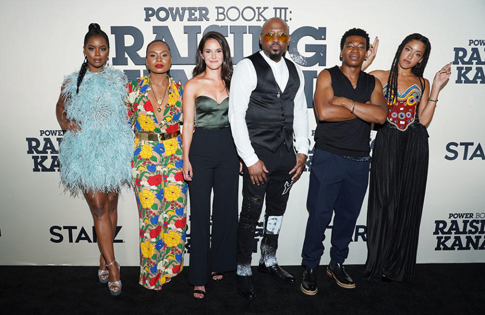 (L-R) Krystal Joy Brown, Chyna Layne, Shanley Caswell, Omar Epps, MeKai Curtis and Paulina Singer attend the Power Book III: Raising Kanan Season Two Tastemaker event at Bowery Hotel Terrace on August 08, 2022 in New York City.