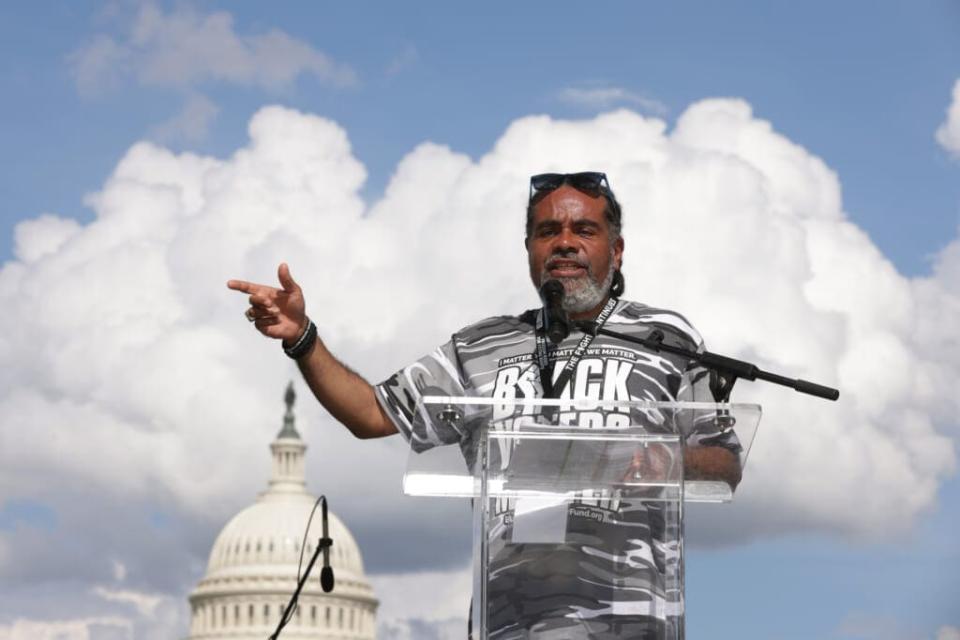 Rev. Mark Thompson, “Make It Plain” podcast host, speaks during the “Rally for D.C. Statehood,” the last stop of Black Voters Matter’s “Freedom Ride for Voting Rights” bus tour, at the National Mall in June 2021, in Washington, D.C. (Photo: Alex Wong/Getty Images)