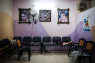 <p>At a salon in Gaza City women come to get their hair, nails, and makeup done before weddings. In many families, a woman is not allowed to be seen without a veil by a man outside of her family, so beauty salons are for women only. (Photograph by Monique Jaques) </p>