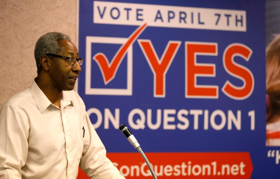 Calvin Morrow, Yes on Question 1 spokesman, delivers a victory speech during the watch party at the Lamplight Inn on Tuesday, April 7, 2015. Springfield voters narrowly voted to repeal the SOGI ordinance. 