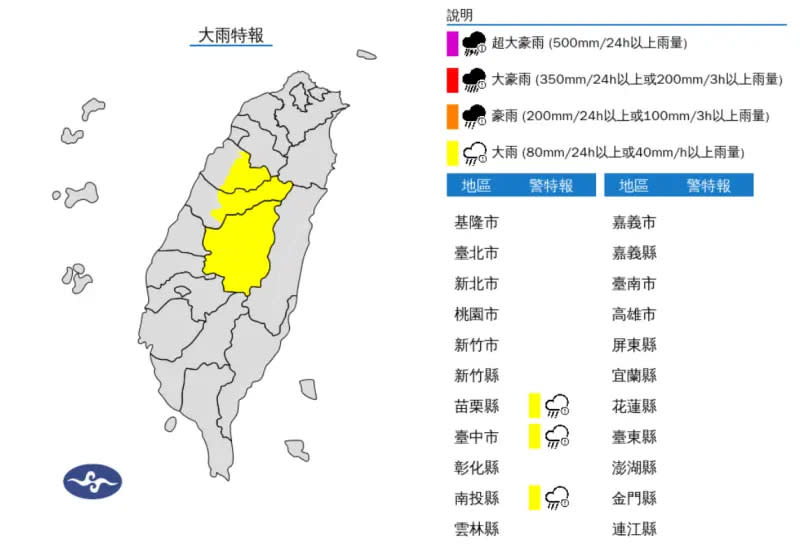 ▲中央氣象署針對3縣市發布大雨特報。（圖／中央氣象署）