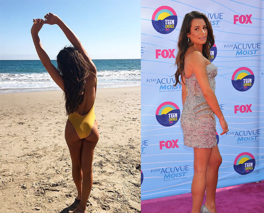 Diese schöne Rückansicht gehört “Scream Queen”-Star Lea Michelle, die - wenn sie nicht gerade auf dem roten Teppich unterwegs ist - auf ihrem Instagram-Account gerne mal Fotos im Bikini oder Badeanzug postet. (Fotos: Instagram/Lea Michelle; Getty Images)