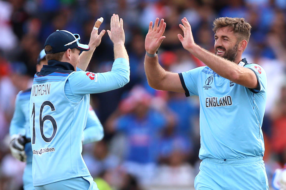 England's Liam Plunkett (right) celebrates taking the wicket of India's Hardik Pandya (not pictured) during the ICC Cricket World Cup group stage match at Edgbaston, Birmingham. (Photo by Nigel French/PA Images via Getty Images)