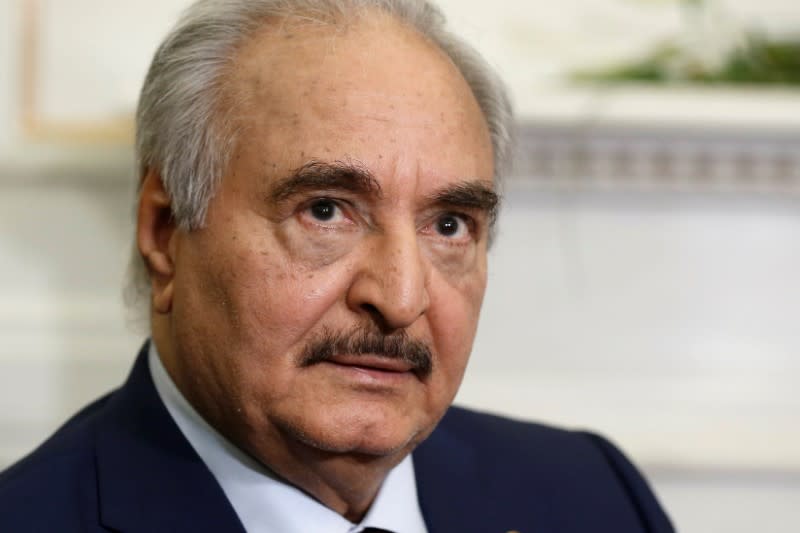 Libya's commander Khalifa Haftar meets Greek Foreign Minister Nikos Dendias at the Foreign Ministry in Athens