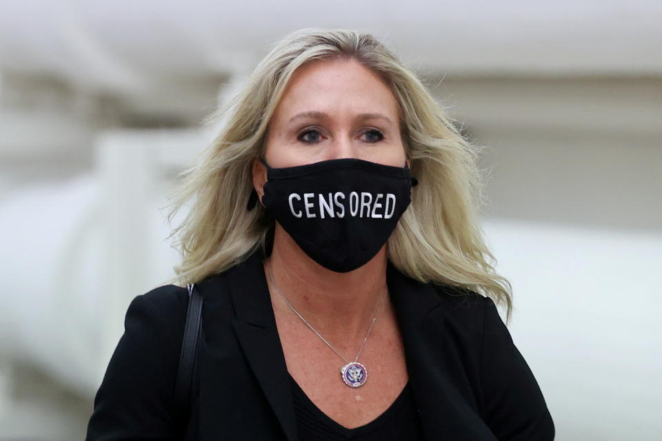 U.S. Representative Marjorie Taylor Greene (R-GA) wears a mask reading 