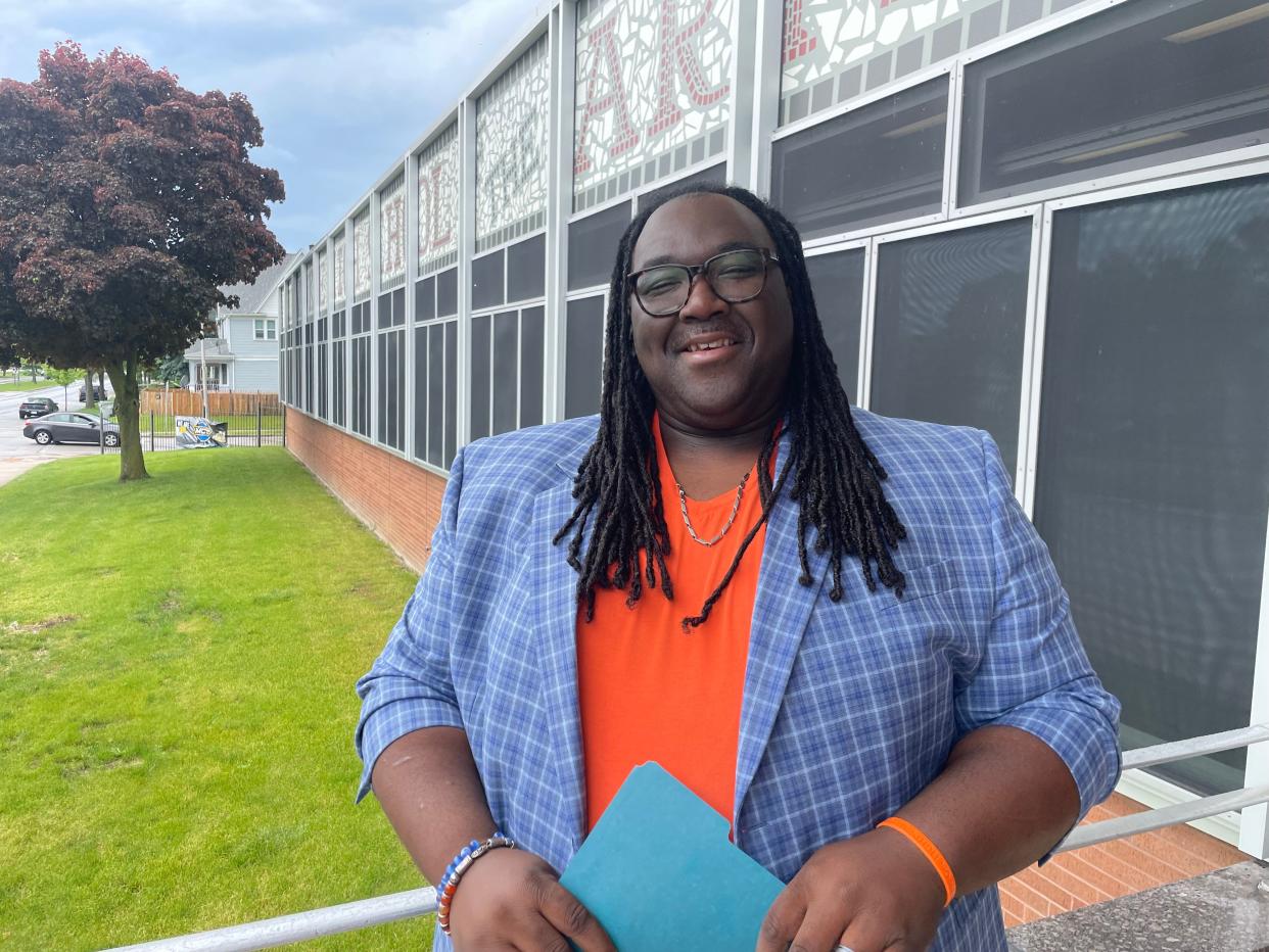 James Ferguson stands outside Milwaukee High School of the Arts May 20, where he announced his candidacy for Milwaukee School Board.