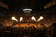 Flames shoot up from the court before the start of Game 3 of an NBA basketball first-round playoff series between the Miami Heat and the Boston Celtics, Saturday, April 27, 2024, in Miami. (AP Photo/Wilfredo Lee)