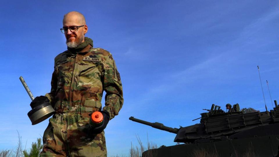 Jay Tenison, a military veteran currently fighting Stage IV stomach cancer, fires a tank Tuesday afternoon at Fort Moore, Georgia. 12/05/2023