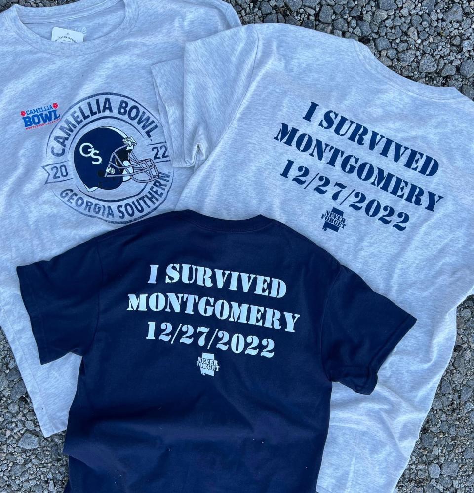 Southern Exchange Company, a Georgia Southern retail store in Statesboro, Georgia, has added "I Survived Montgomery 12/27/2022" to its commemorative Camellia Bowl shirts.