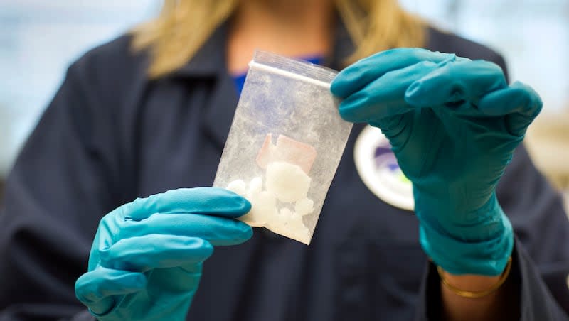 A bag of 4-fluoro isobutyryl fentanyl which was seized in a drug raid is displayed at the Drug Enforcement Administration Special Testing and Research Laboratory in Sterling, Va., on Aug. 9, 2016.