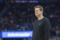 Utah Jazz head coach Will Hardy reacts to a call by a referee during the first half of an NBA basketball game against the Golden State Warriors, Sunday, April 7, 2024, in San Francisco. (AP Photo/Nic Coury)