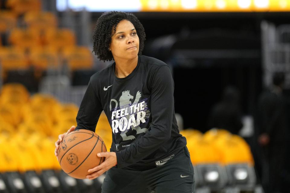 Sacramento Kings assistant coach Lindsey Harding is shown before Game 4 of the 2023 NBA playoffs against the Golden State Warriors on April 23, 2023.