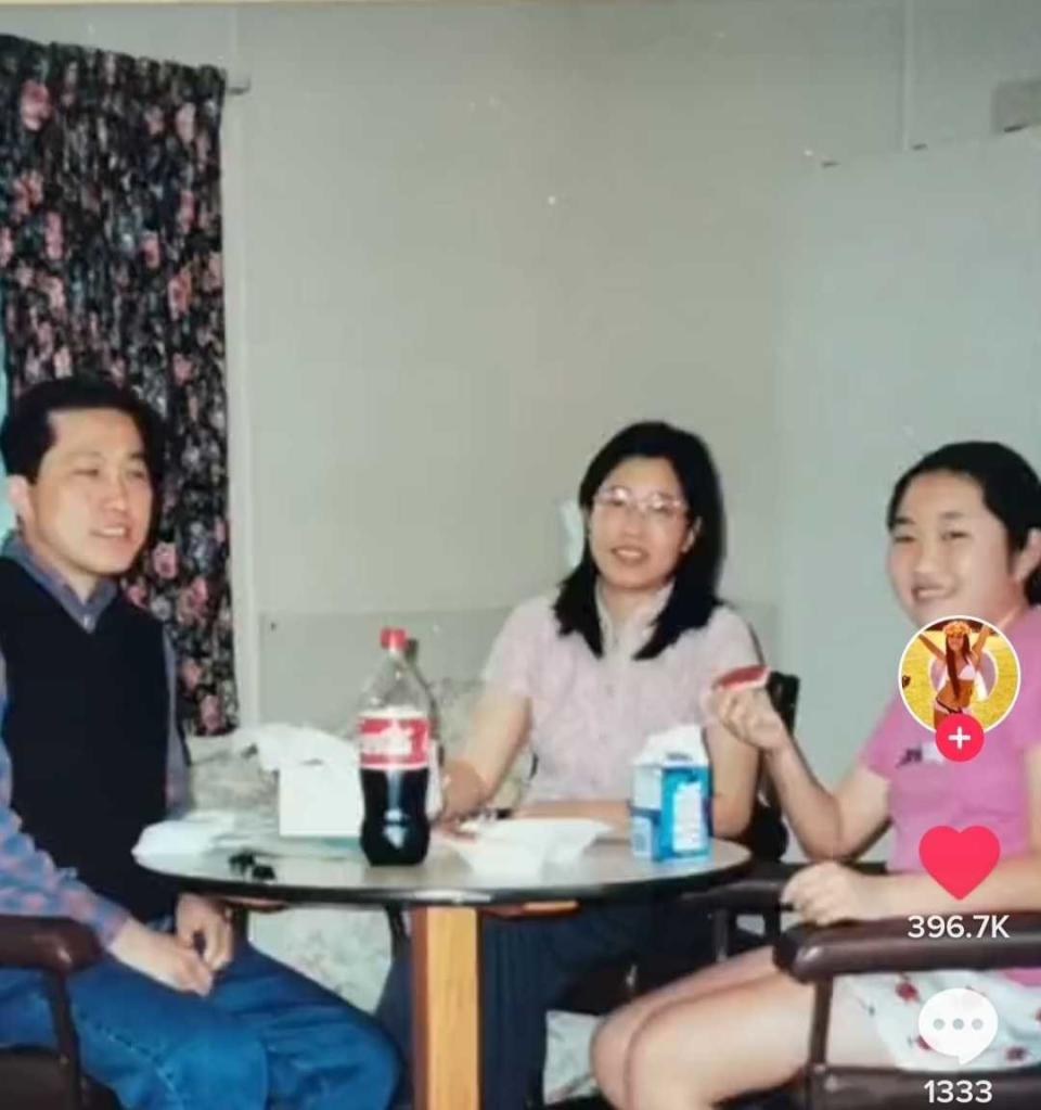 Screencaps of Jane Lu's TikTok showing Jane at a small table with her parents