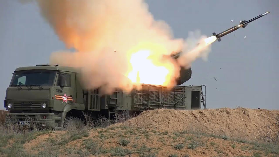 A Pantsir self-propelled surface-to-air and anti-aircraft missile system fires a missile