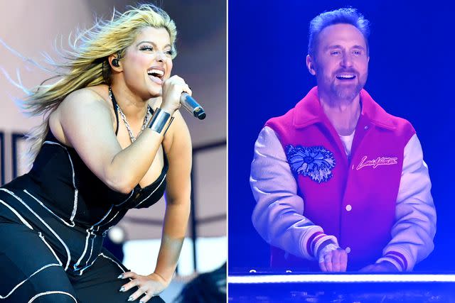 <p>VALERIE MACON / AFP via Getty; Dave J Hogan/Getty</p> Bebe Rexha and David Guetta