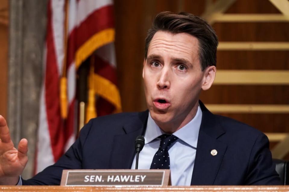 Missouri Sen. Josh Hawley asks questions during a Senate Homeland Security and Governmental Affairs Committee hearing in December to discuss election security and the 2020 election process. (Photo by Greg Nash-Pool/Getty Images)