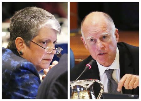 University of California President Janet Napolitano (L) and California Governor Jerry Brown are seen during a meeting to vote on raising tuition, at the University of California, San Francisco, in this combination photograph made of file photos taken November 19, 2014. REUTERS/Beck Diefenbach/Files