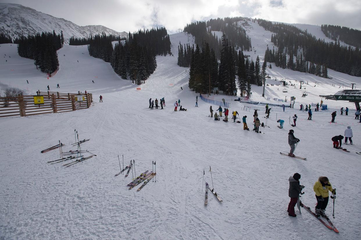 Skiers gather at the bottom of Arapahoe Basin Ski Area on Thursday, Jan. 11, 2018