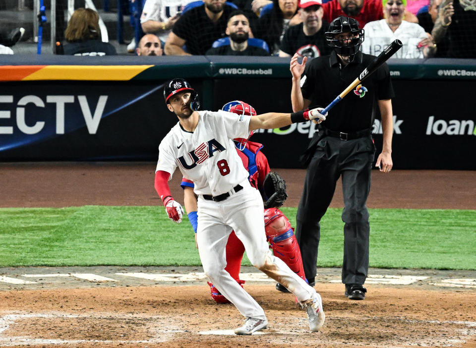 MIAMI, FLORIDA - MARCH 19: Trea Turner #8 of Team USA hits a three run homerun In the bottom of the 6th inning during the World Baseball Classic Semifinals between Cuba and United States at loanDepot park on March 19, 2023 in Miami, Florida. (Photo by Gene Wang/Getty Images)
