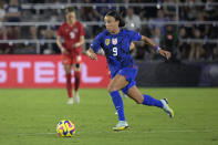 U.S. forward Mallory Swanson (9) controls the ball during the second half of a SheBelieves Cup women's soccer match against Canada, Thursday, Feb. 16, 2023, in Orlando, Fla. (AP Photo/Phelan M. Ebenhack)