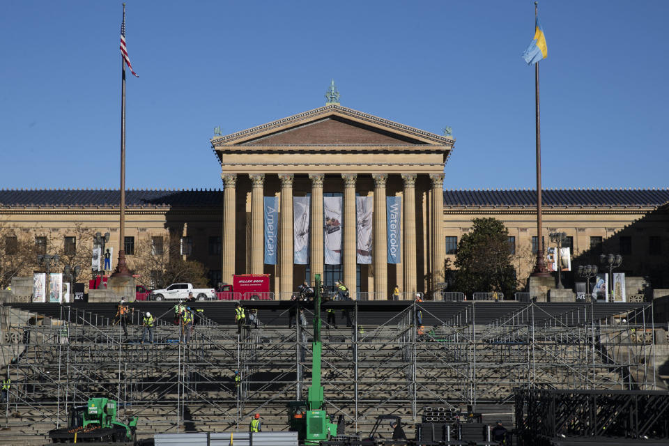 Workmen construct the stage for the upcoming 2017 NFL football draft on the steps of the Philadelphia Museum of Art in Philadelphia, Wednesday, April 5, 2017. (AP Photo/Matt Rourke)