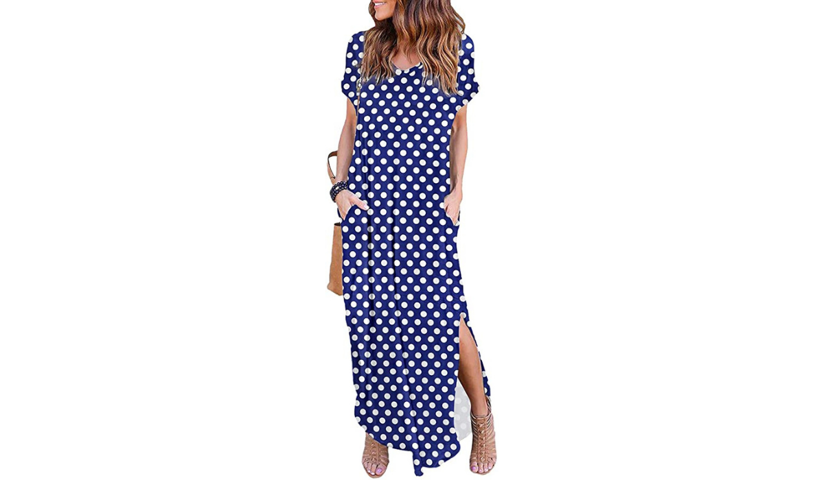 woman wearing a blue polka dot maxi dress