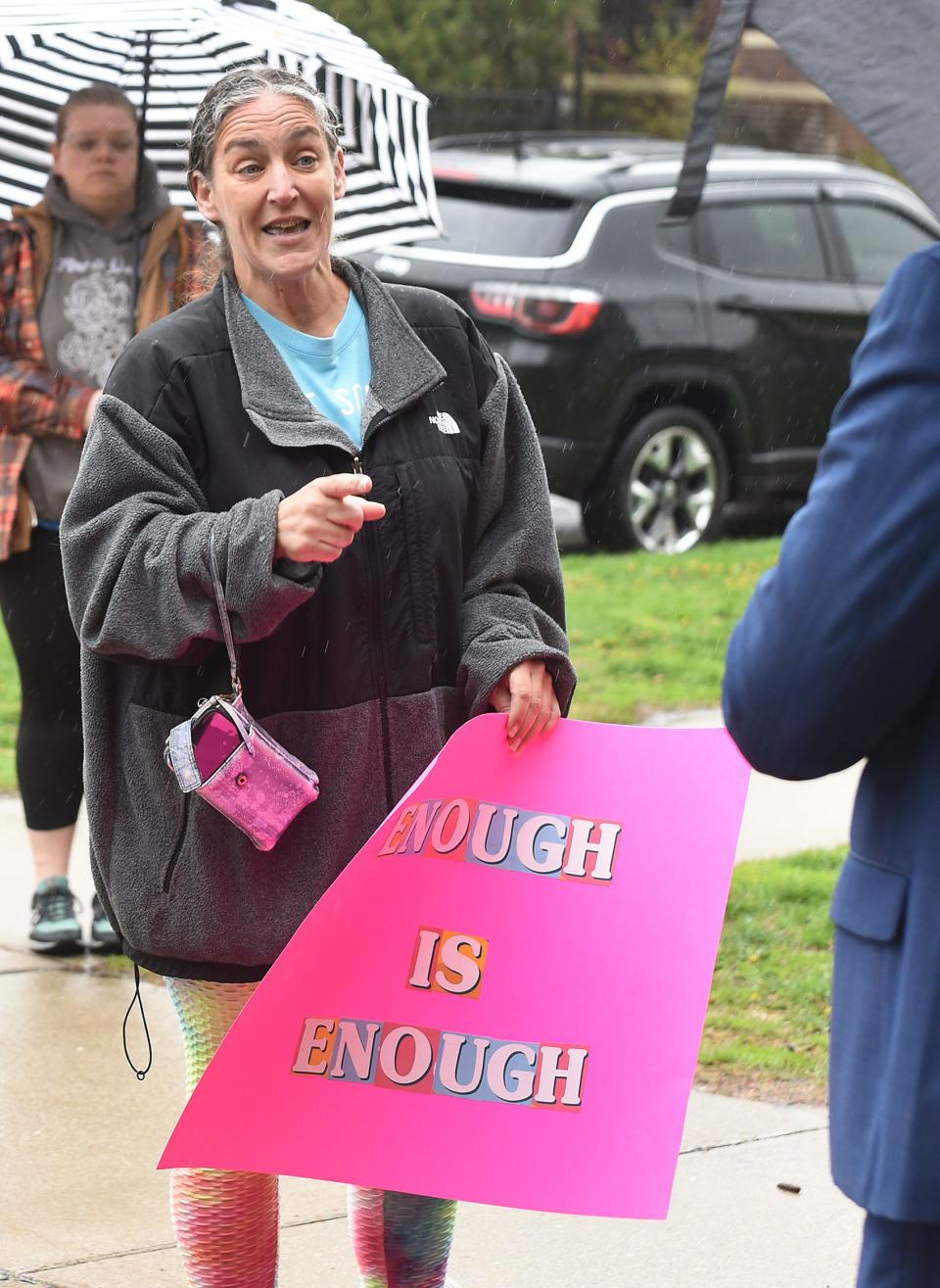 Jennifer Irbin, whose daughter Trinity Small is an eighth grader at Monroe Middle School, directs her concerns at Monroe Public Schools Superintendent Andrew Shaw at the "Justice for Gary" anti-bullying rally Friday, April 28, 2023, at Monroe Middle School.