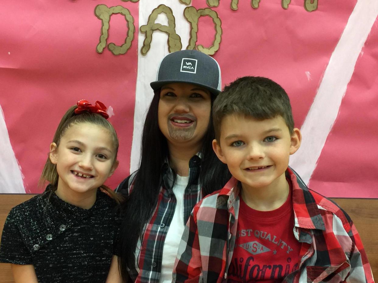 Michelle Srenco dressed as a dad for “Doughnuts With Dad” day at school. (Photo: Courtesy of Michelle Srenco)