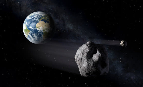 An artist’s concept of a near-Earth asteroid flying close to Earth.