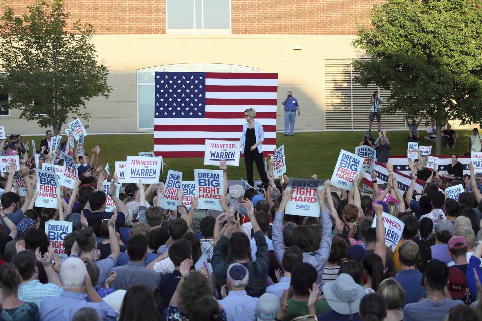 Democratic presidential candidate Elizabeth Warren, D-Mass., speaks during a rally Monday, Aug. 19, 2019, at Macalaster College during a campaign appearance in St. Paul, Minn. (AP Photo/Jim Mone)