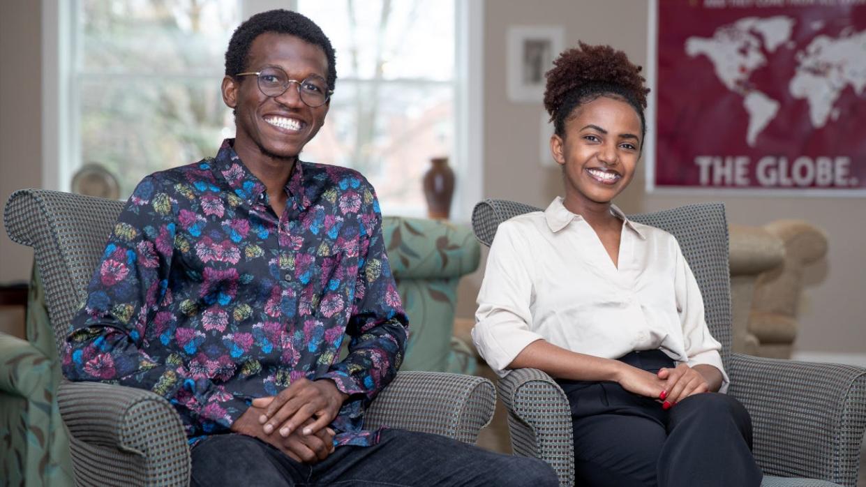 Earlham students Wisdom Boinde and Feven Moges Naba pose together after receiving grants from Projects for Peace.