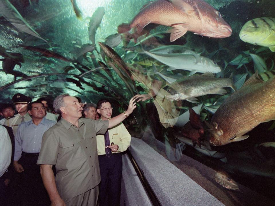 Kazakh President Nursultan Nazarbayev during a tour of Underwater World on Sentosa Island in 1996.