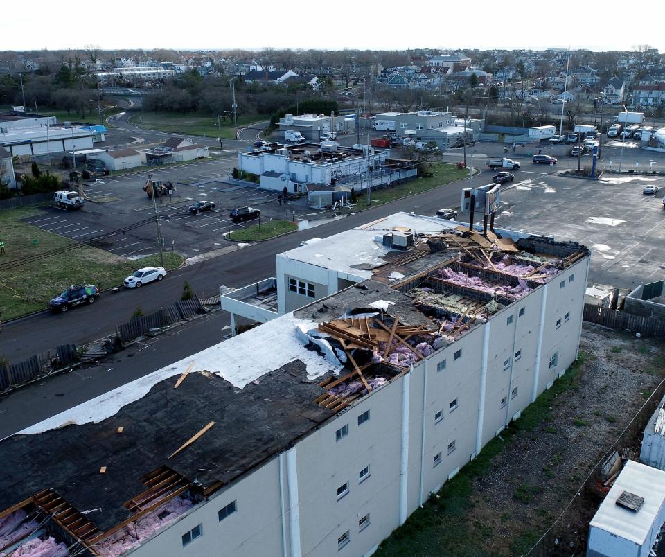 The damage from high winds the previous night at the Neptune Motor Lodge in Neptune is shown Monday morning, March 29, 2021.