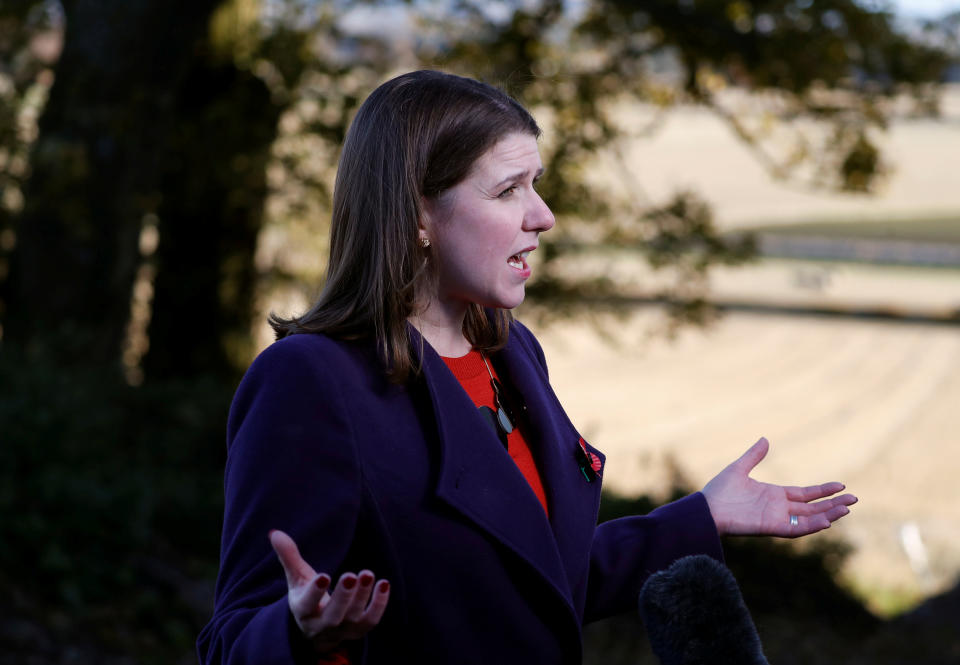 Leader of Britain's Liberal Democrats Jo Swinson speaks as she visits Crafty Maltsters in Fife, Britain November 8, 2019. REUTERS/Russell Cheyne