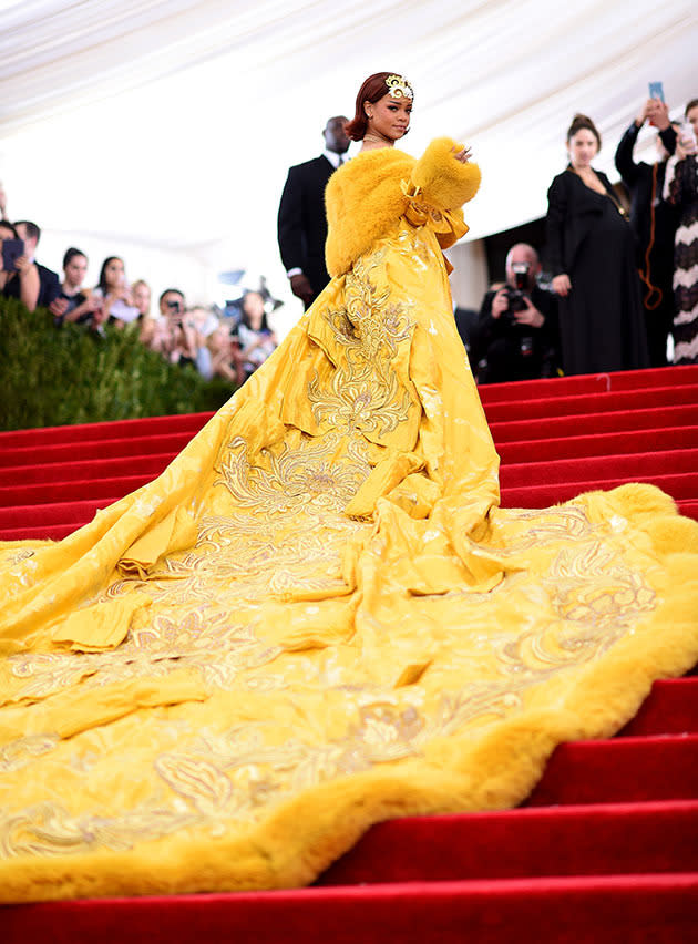 Rihanna yellow MET Ball cape dress 2015