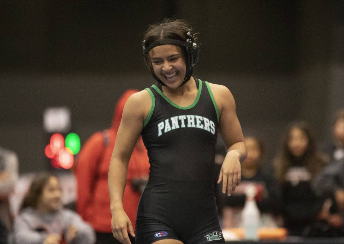 Derby senior Amara Esha won her second straight Class 6-5A state championship on Thursday.