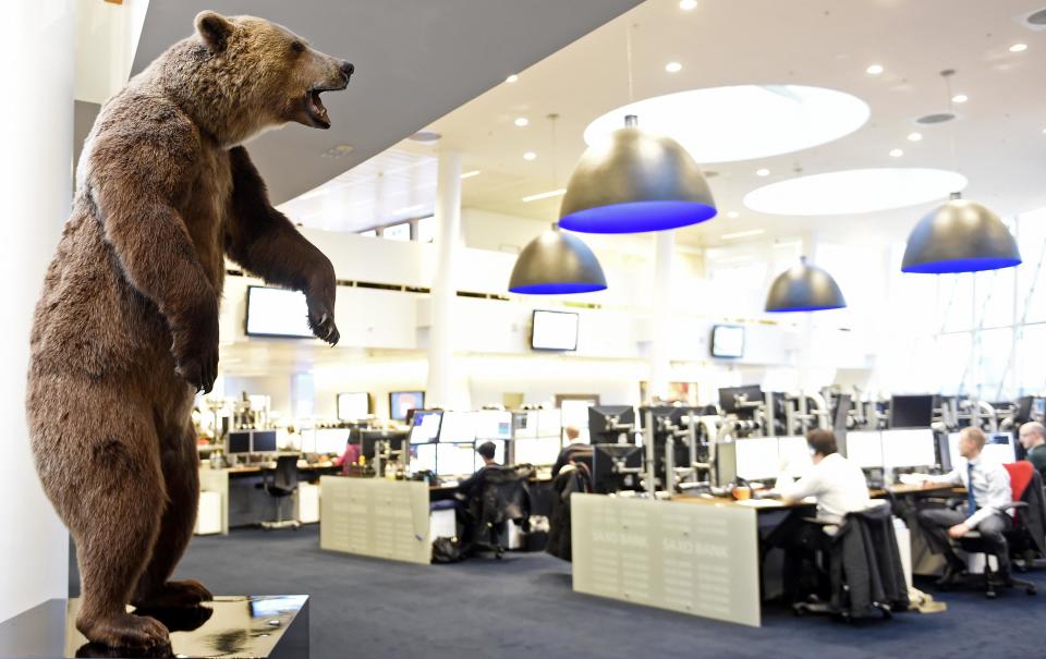 A bear statue is pictured in an office at Danish Saxo bank in Copenhagen, January 22, 2015. The Danish central bank cut its key policy rate on Thursday for the second time this week to defend the crown's peg to the euro after the European Central Bank unveiled a stimulus package that weakened the single currency. REUTERS/Fabian Bimmer (DENMARK - Tags: BUSINESS)