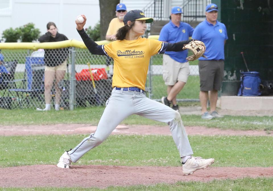 Winning pitcher Senji Kimura of Brattleboro fires the ball to the plate late in Brattleboro's 8-1 win over Williston in the 10-12 Little League state championship game on Saturday morning at Cioffi Park in St. Albans. 