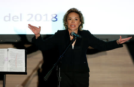 Elba Esther Gordillo, Mexico's teachers union former leader, talks publicly for the first time since she was cleared of charges for laundering $104 million of funds from the union, in Mexico city, Mexico August 20, 2018. REUTERS/Gustavo Graf