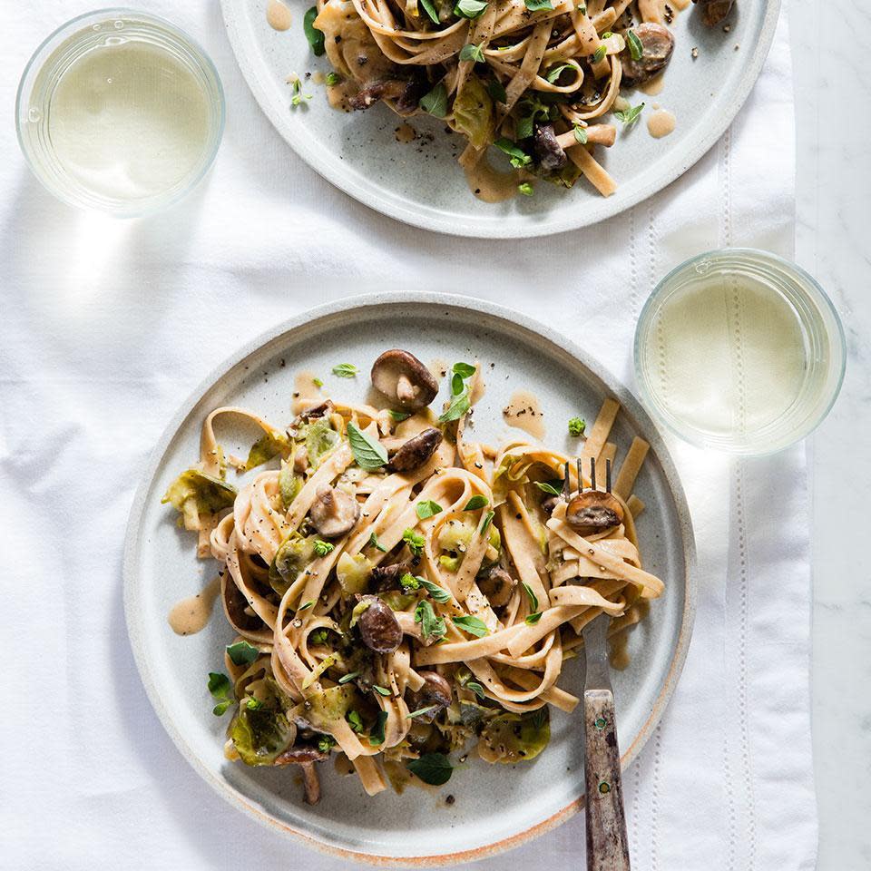 Creamy Fettuccine with Brussels Sprouts & Mushrooms