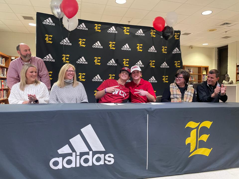 Evans athletes Jackson Cliatt (Wallace Community College, baseball) and Levi Gregg (Georgia Military College, golf) sign national letters of intent at Evans High School Thursday, Dec. 7, 2023.