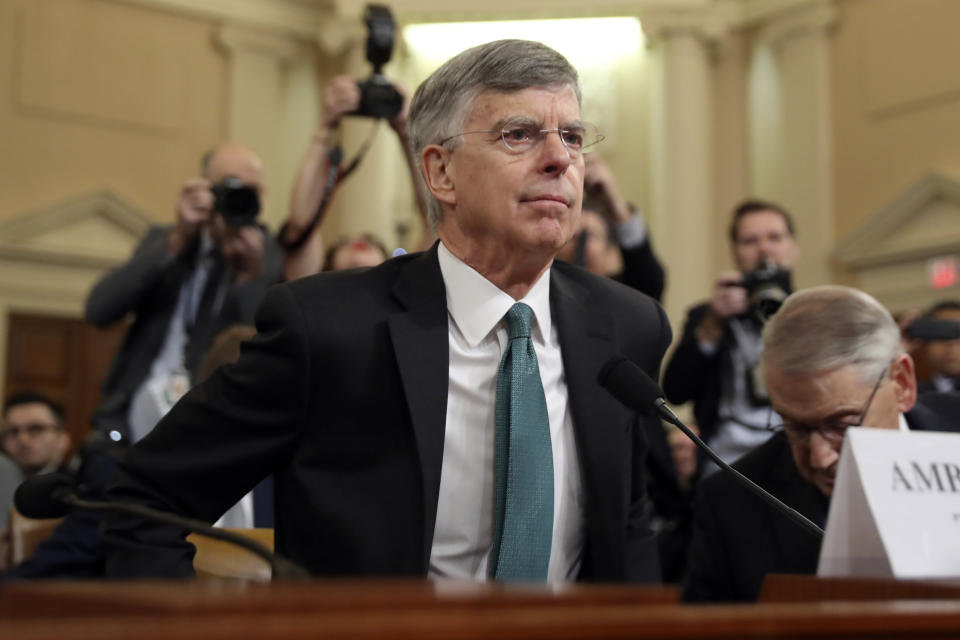 Top U.S. diplomat in Ukraine William Taylor arrives to testify before the House Intelligence Committee on Capitol Hill in Washington, Wednesday, Nov. 13, 2019, during the first public impeachment hearing of President Donald Trump's efforts to tie U.S. aid for Ukraine to investigations of his political opponents. (AP Photo/Andrew Harnik)