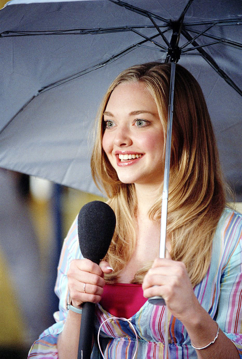 A closeup of Amanda in the weather report scene