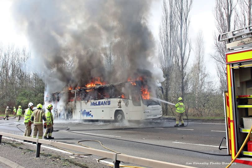 The bus fire on the East Kilbride expressway at Blantyre was reported just after 12.30pm